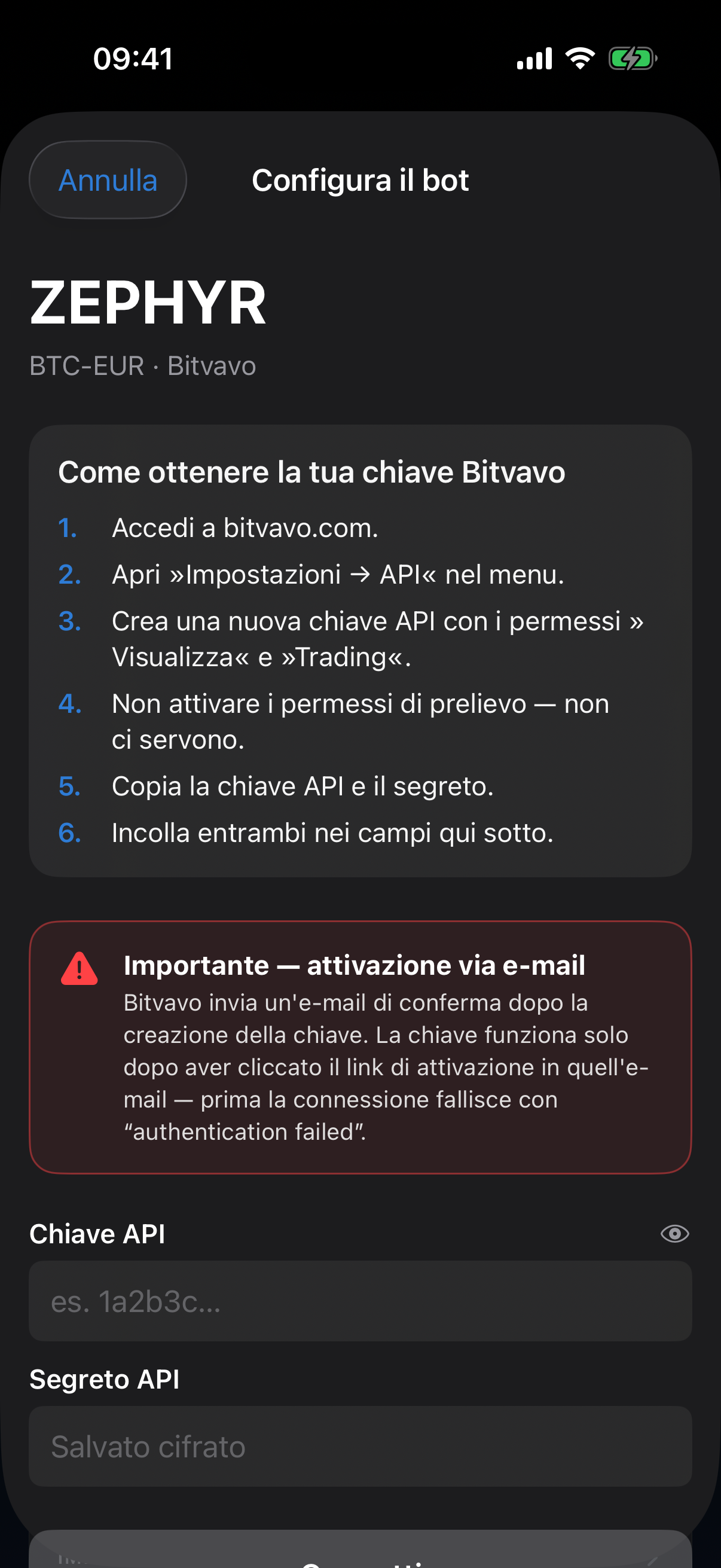 Finestra di configurazione